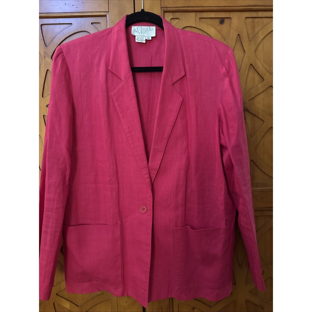 Vintage Women's Sz 12 100% Linen One Button Pink‎ Blazer  Claudia & Marc Pockets